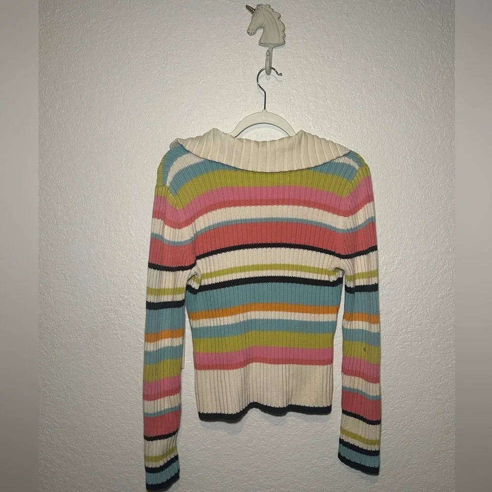 Tommy Hilfiger Stripped V Neck Collard Cozy Sweater Women Size Medium - Picture 12 of 12